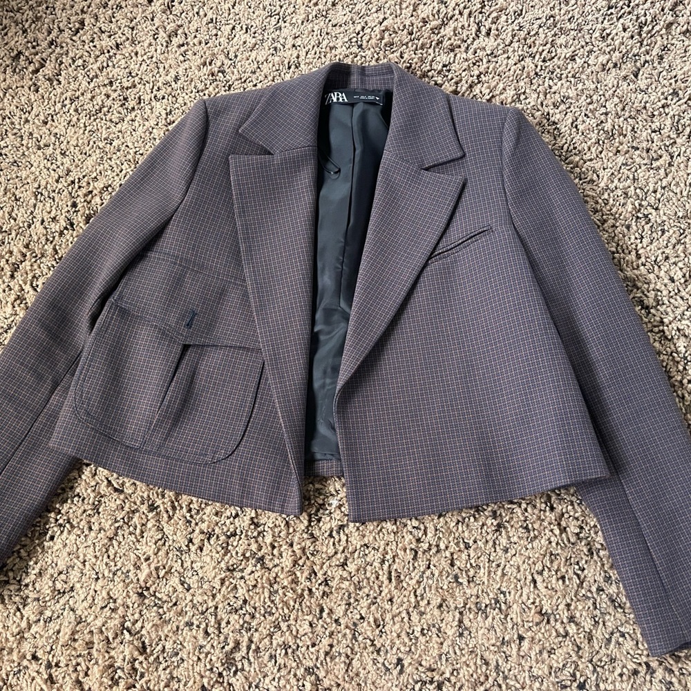 ZARA Crop Houndstooth Blazer Jacket Brown Size Small